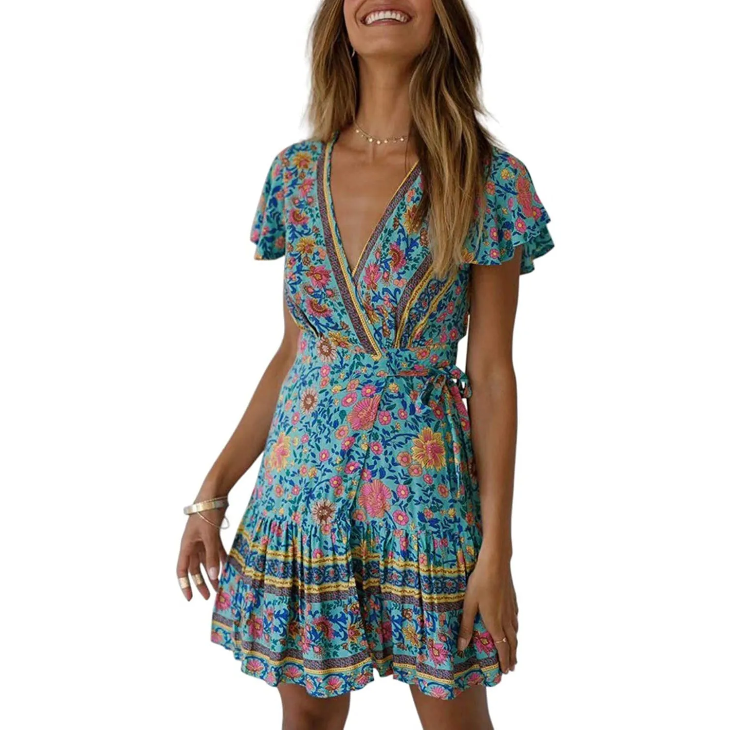 Women's Summer Wrap V Neck Bohemian Floral Print Mini Dress