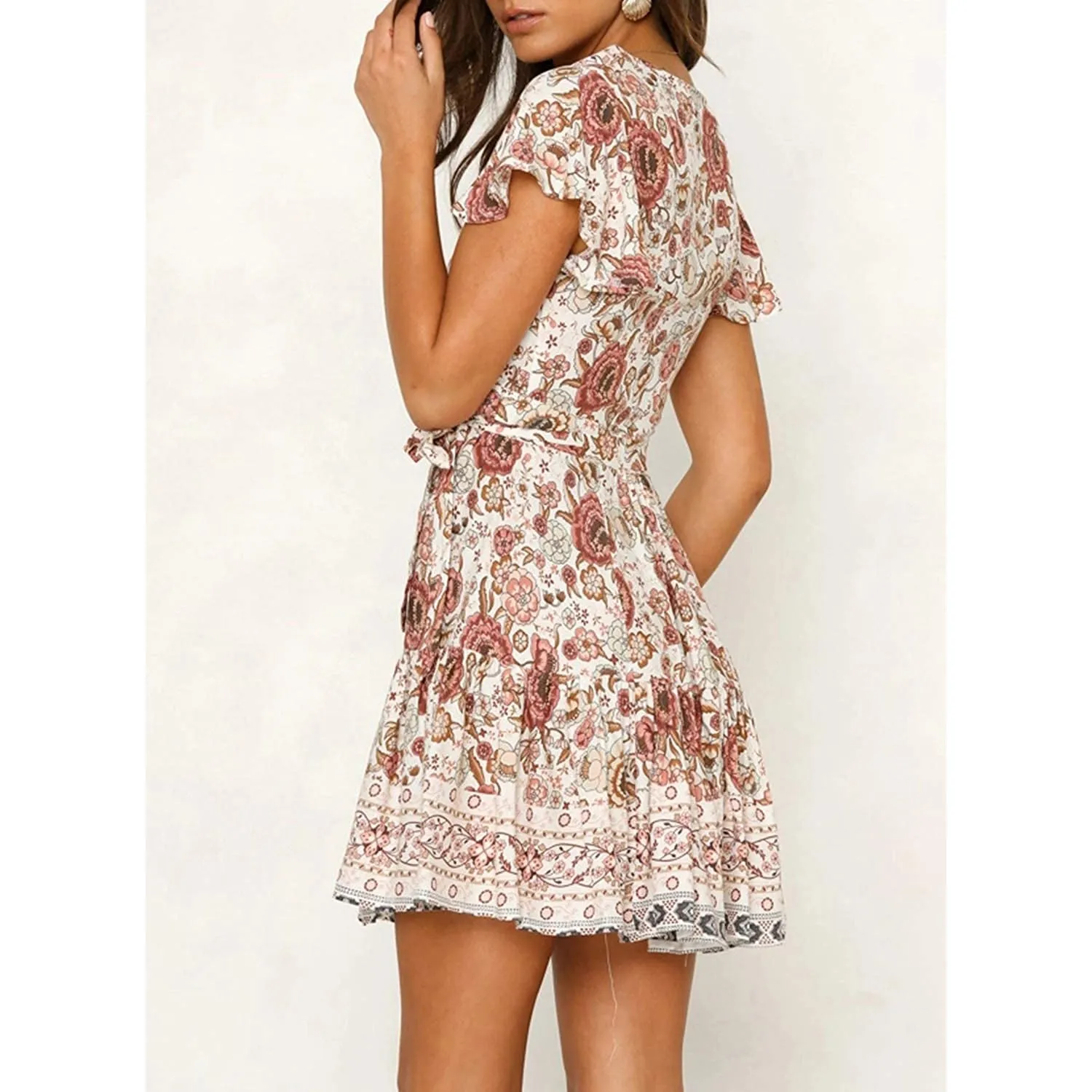 Women's Summer Wrap V Neck Bohemian Floral Print Mini Dress