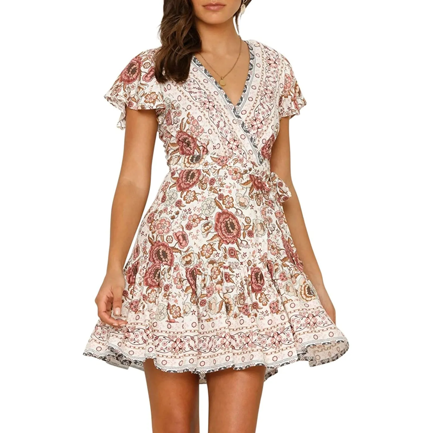 Women's Summer Wrap V Neck Bohemian Floral Print Mini Dress