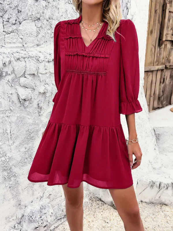 Women's V-Neck Mid Sleeve Flowy Above The Knee Dress