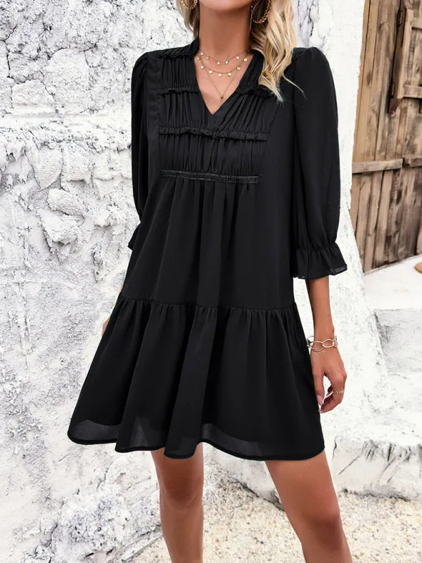 Women's V-Neck Mid Sleeve Flowy Above The Knee Dress