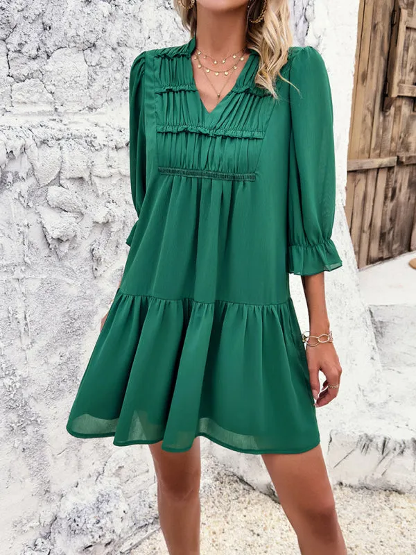 Women's V-Neck Mid Sleeve Flowy Above The Knee Dress