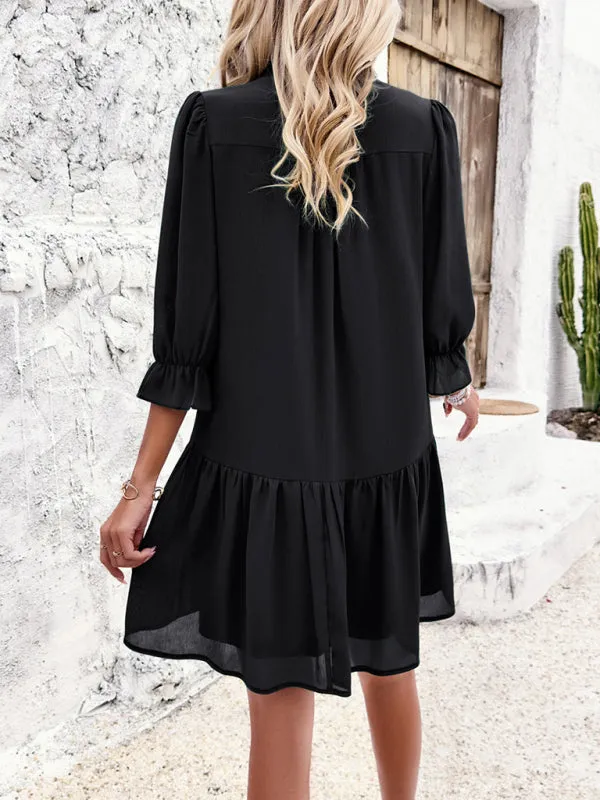 Women's V-Neck Mid Sleeve Flowy Above The Knee Dress