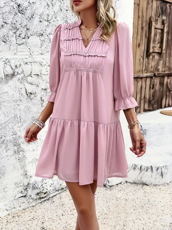 Women's V-Neck Mid Sleeve Flowy Above The Knee Dress