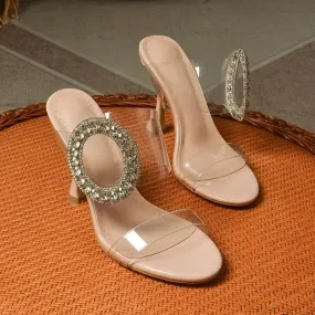 xiangtuibao Light Luxury Rhinestone Round Buckle Super High Heels  New Summer Transparent Sandals Sexy Open Toe Stiletto Glass Slippers