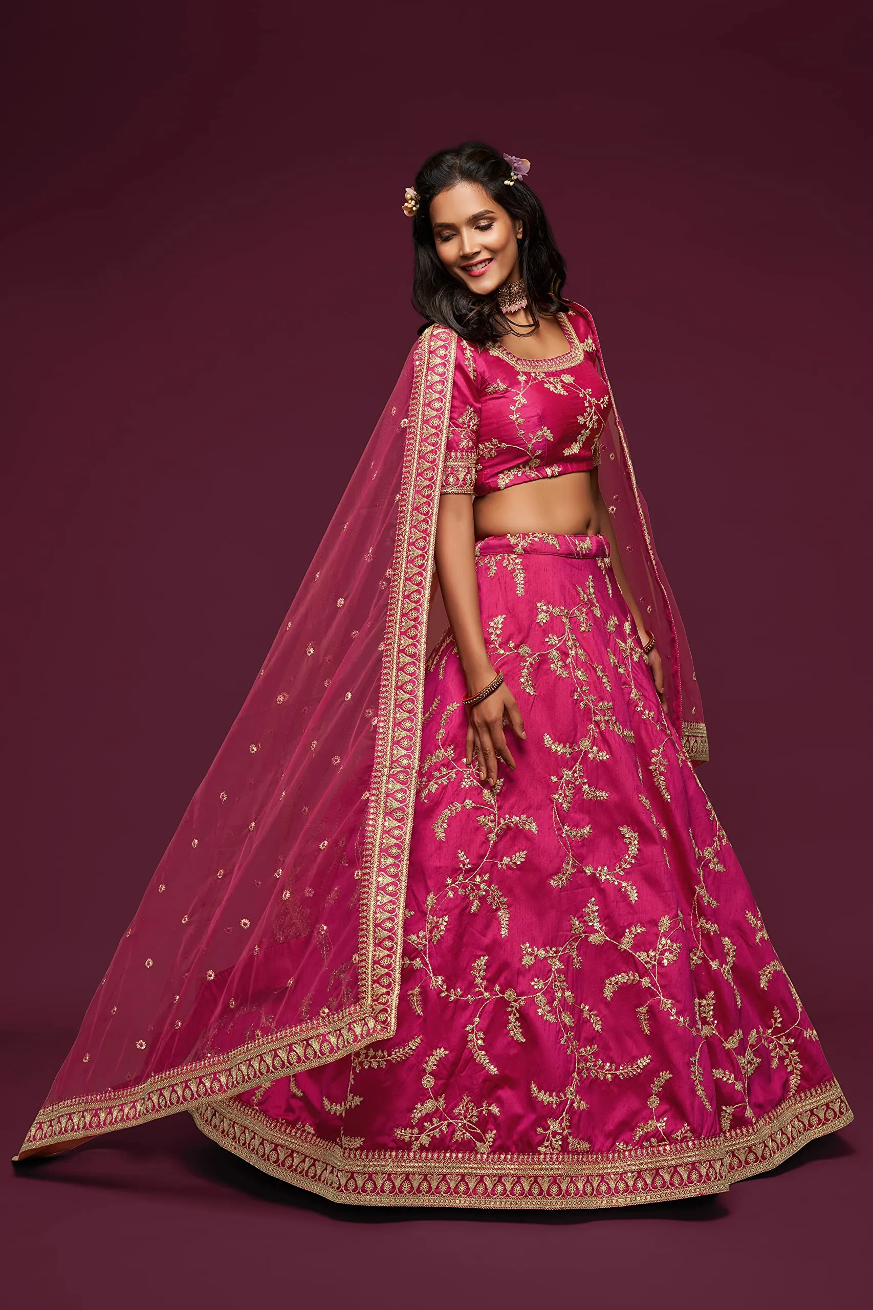 Zeel Clothing Women's Art Silk Semi-Stitched Lehenga Choli with Dupatta (7806-Pink-Wedding-Bridal-Latest-Lehenga; Free Size) (Pink)