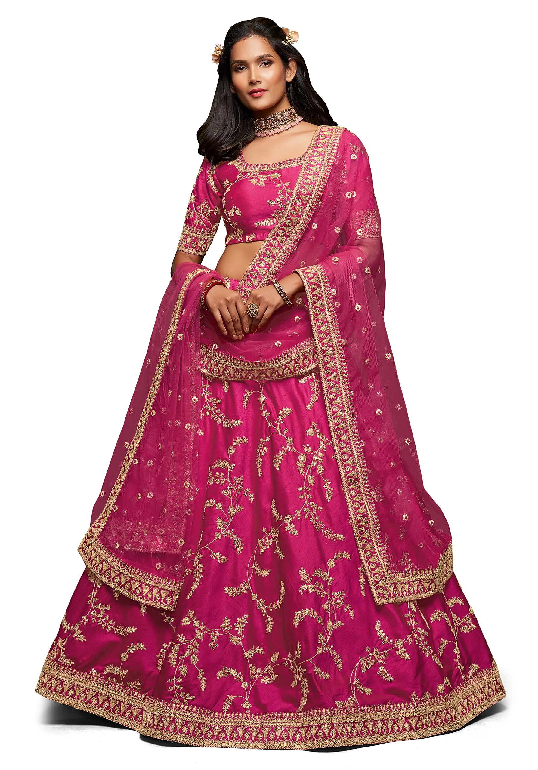 Zeel Clothing Women's Art Silk Semi-Stitched Lehenga Choli with Dupatta (7806-Pink-Wedding-Bridal-Latest-Lehenga; Free Size) (Pink)