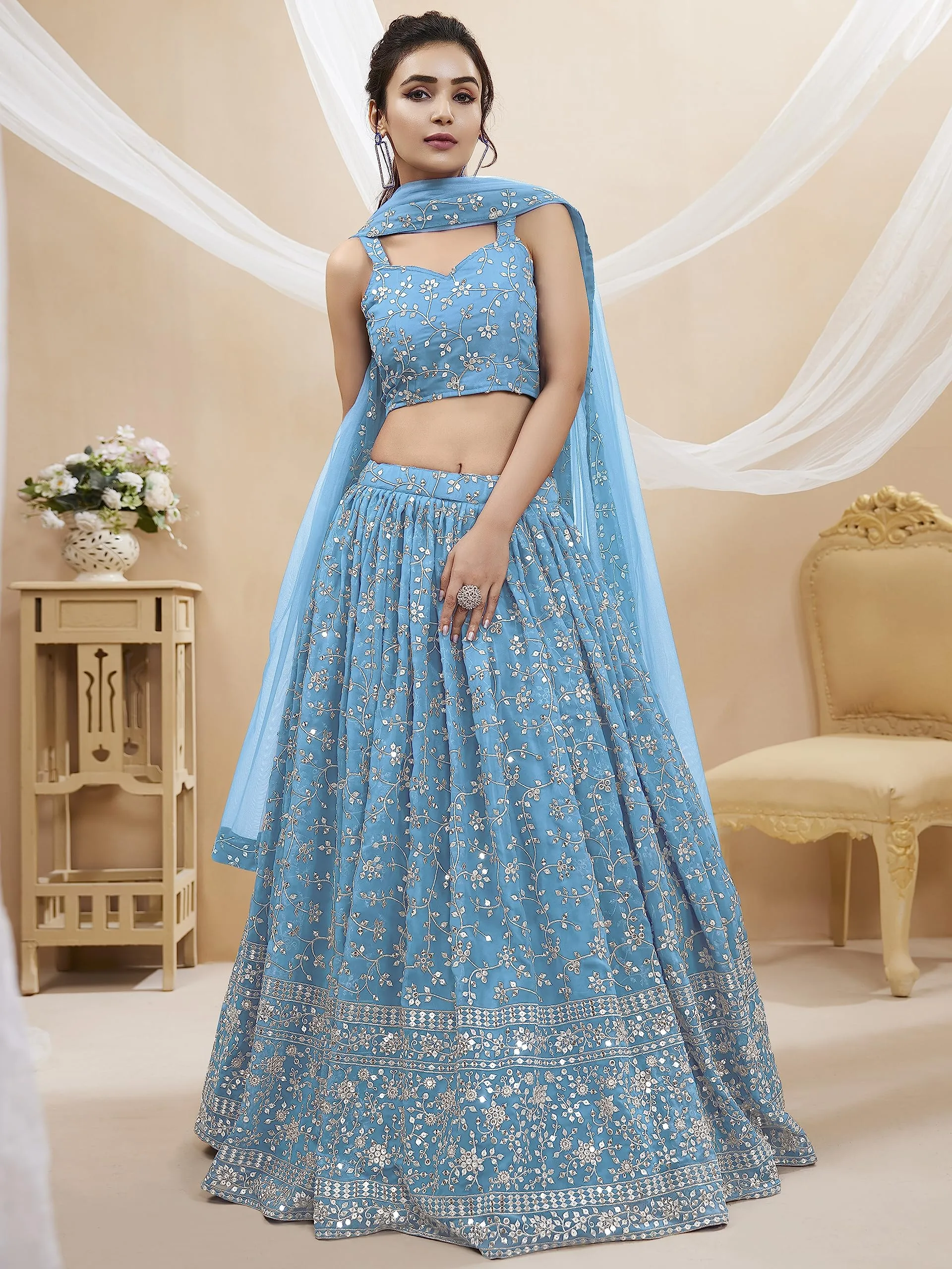 Zeel Clothing Women's Sequins Zari Embroidered Georgette Semi-stitched Lehenga Choli with Dupatta (405-SkyBlue-Wedding-Bridal-Latest-New; Free Size) (Sky Blue)