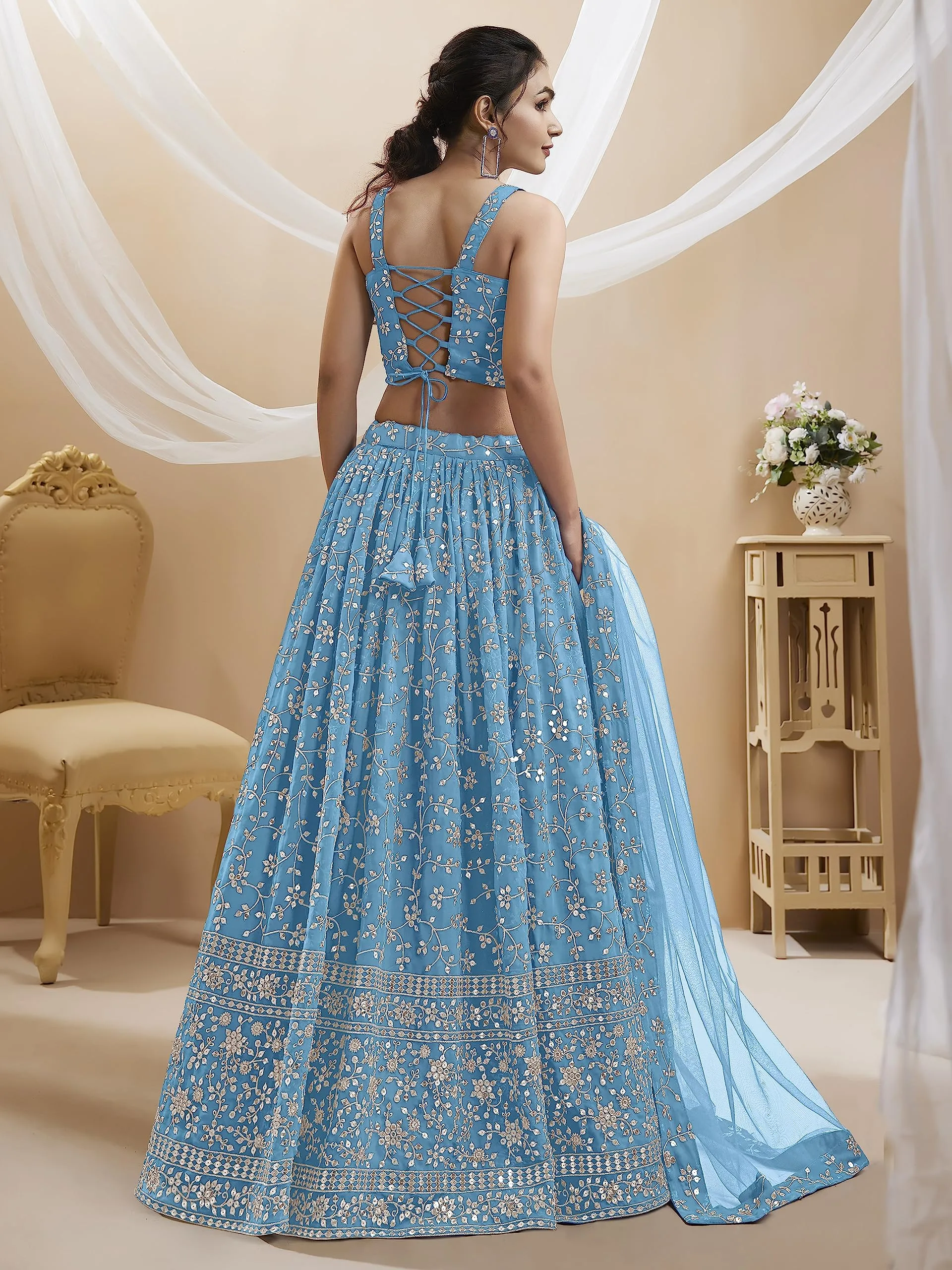 Zeel Clothing Women's Sequins Zari Embroidered Georgette Semi-stitched Lehenga Choli with Dupatta (405-SkyBlue-Wedding-Bridal-Latest-New; Free Size) (Sky Blue)