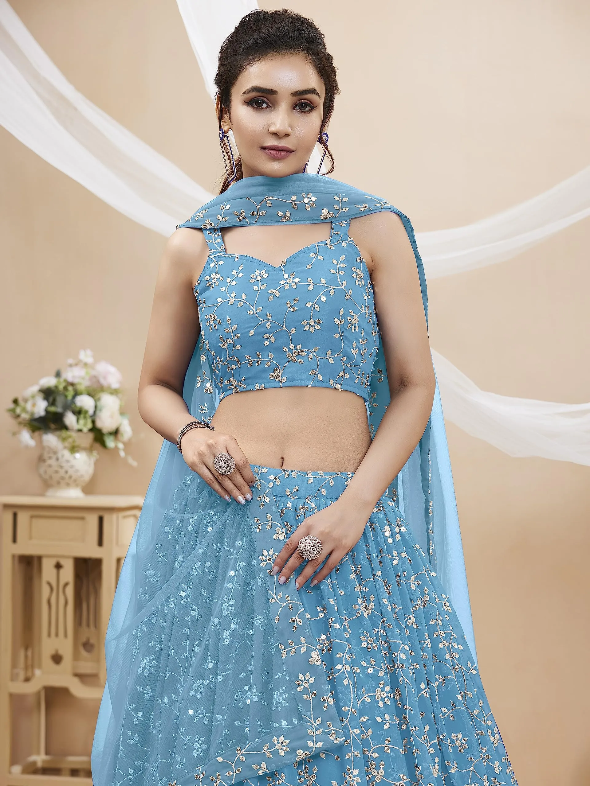 Zeel Clothing Women's Sequins Zari Embroidered Georgette Semi-stitched Lehenga Choli with Dupatta (405-SkyBlue-Wedding-Bridal-Latest-New; Free Size) (Sky Blue)