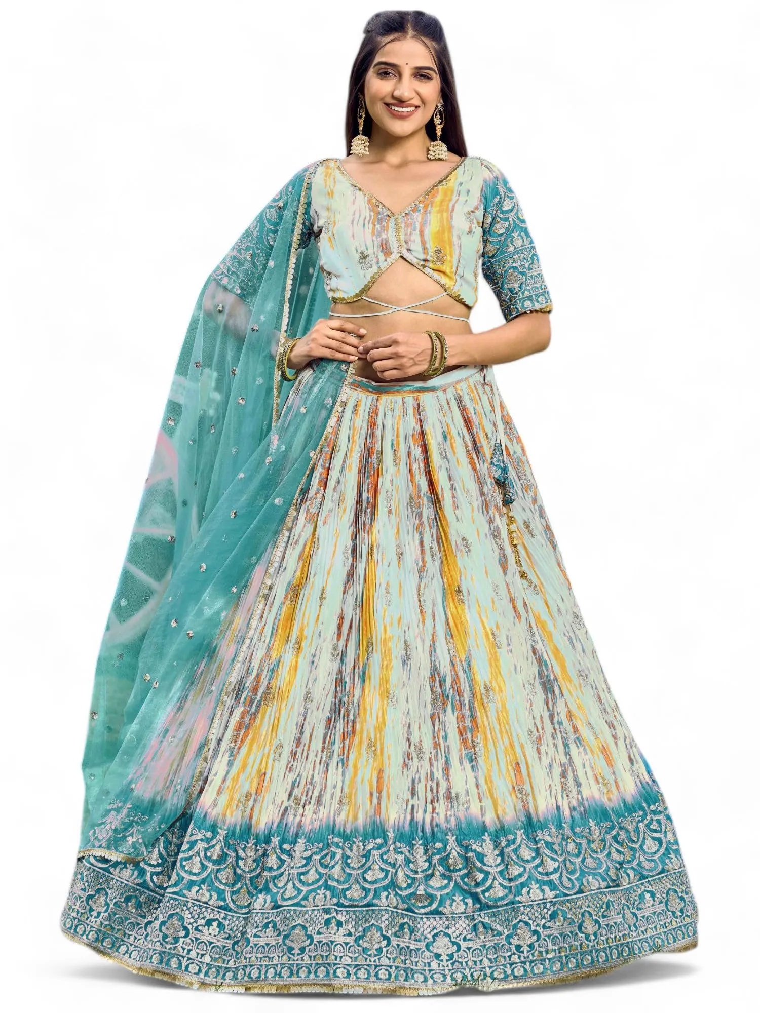 Zeel Clothing Women's Zari Sequins Embroidered Silk Semi-Stitched Lehenga Choli With Dupatta (5051-Rama-Womens-Lehenga-Choli-Latest; Free Size)