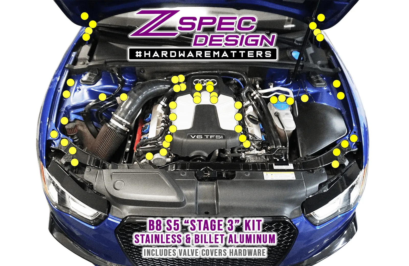 ZSPEC "Stage 3" Dress Up Bolts® Fastener Kit for Audi S5 B8 3.0L, Stainless & Billet